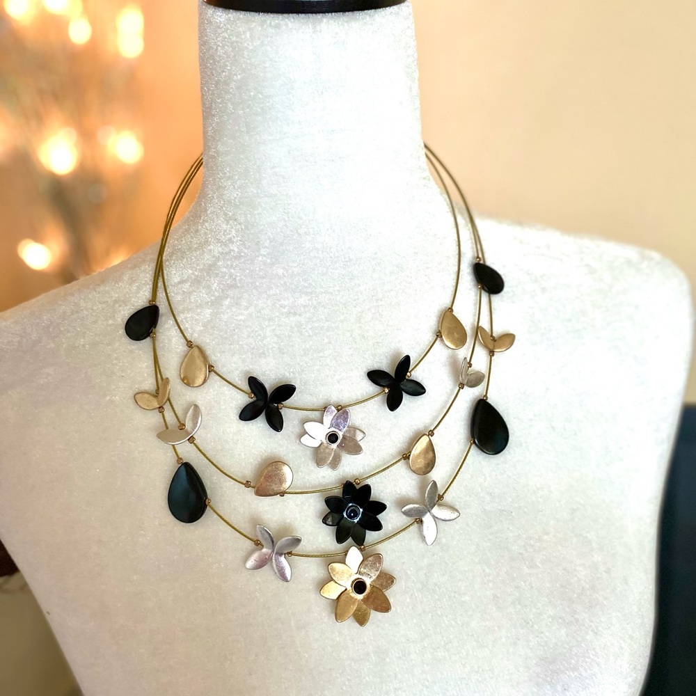 Cascading Flower Decor Necklace Black Silver Gold Metal